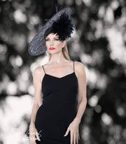 2018 collection.  black fascinator. Black hat. Kentucky Derby hat. Derby hat. Couture hat . Designer hat. Fashion hat. Red carpet hat.