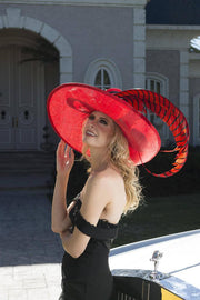 2018 collection. Designer hat. Red hat. Kentucky Derby hat. Derby hat. Royal Ascot hat. Fashion hat. Couture red hat. Fashion hat