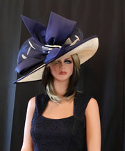 Natural/ beige & navy hat.2017 collection.2017 collection! Fashion Hat, Kentucky Derby hat, Royal Ascot hat, , Couture hat, Breeders cup hat