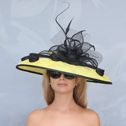 Spring 2020 !Yellow hat. Black hat. Kentucky Derby hat. derby HAt. Royal Ascot hat. Fashion hat. Couture hat. Designer hat.